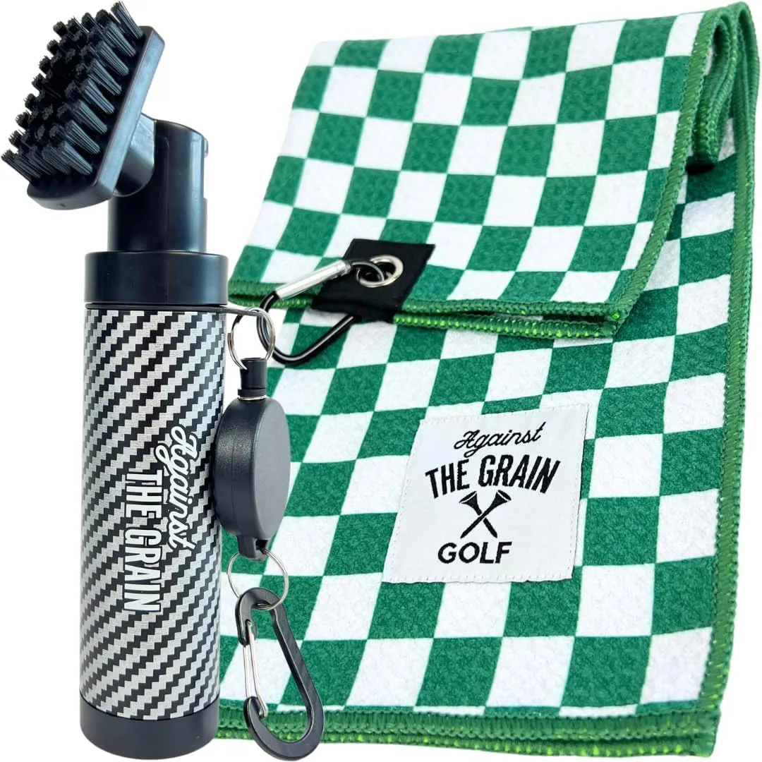 Against The Grain Golf Club Cleaning Kit - Includes Water Golf Club Brush & Microfiber Golf Towel (12"x20") Perfect Golf Bag Accessories for Men & Women Golf Gifts for Men