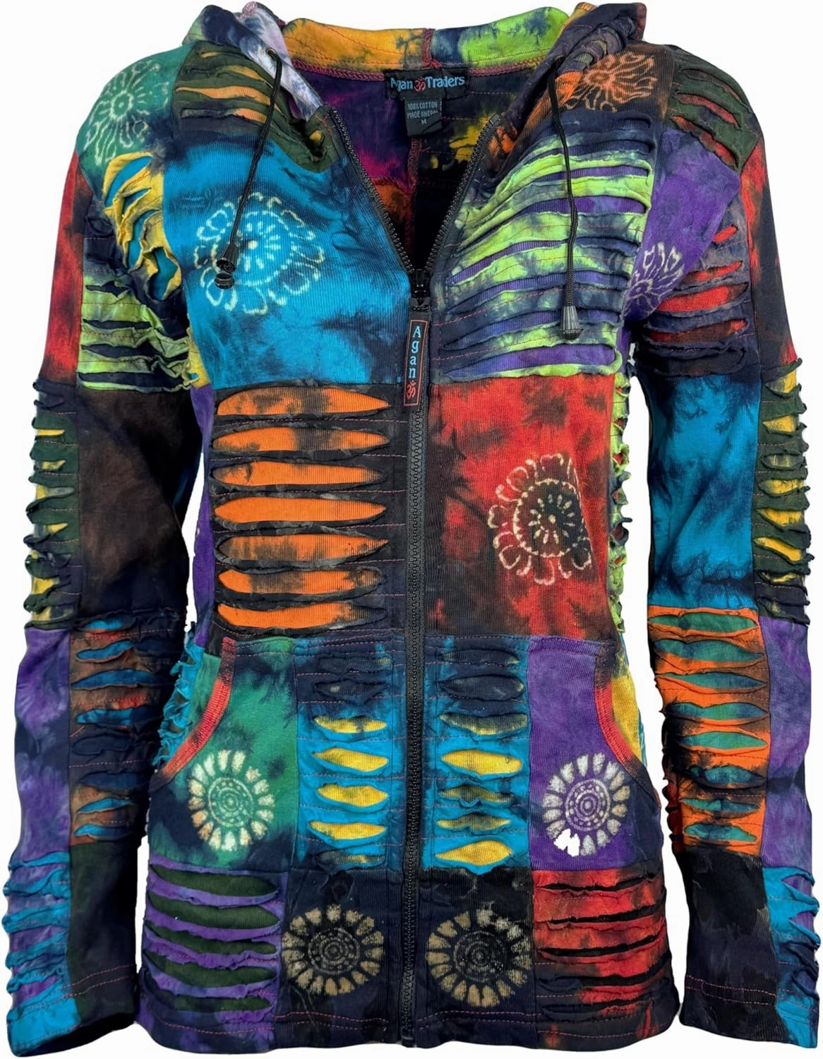 Agan Traders 2025 Summer Women's Zip-Up Hoodie Sweatshirt - Auspicious Symbols Multi-Colored Patched Light Jackets for Women