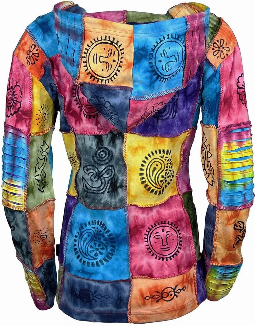 Agan Traders 2025 Summer Women's Zip-Up Hoodie Sweatshirt - Auspicious Symbols Multi-Colored Patched Light Jackets for Women