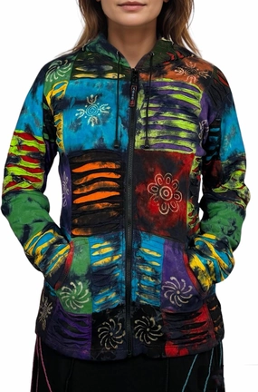 Agan Traders 2025 Summer Women's Zip-Up Hoodie Sweatshirt - Auspicious Symbols Multi-Colored Patched Light Jackets for Women