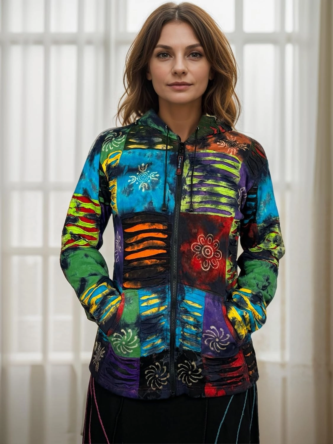 Agan Traders 2025 Summer Women's Zip-Up Hoodie Sweatshirt - Auspicious Symbols Multi-Colored Patched Light Jackets for Women