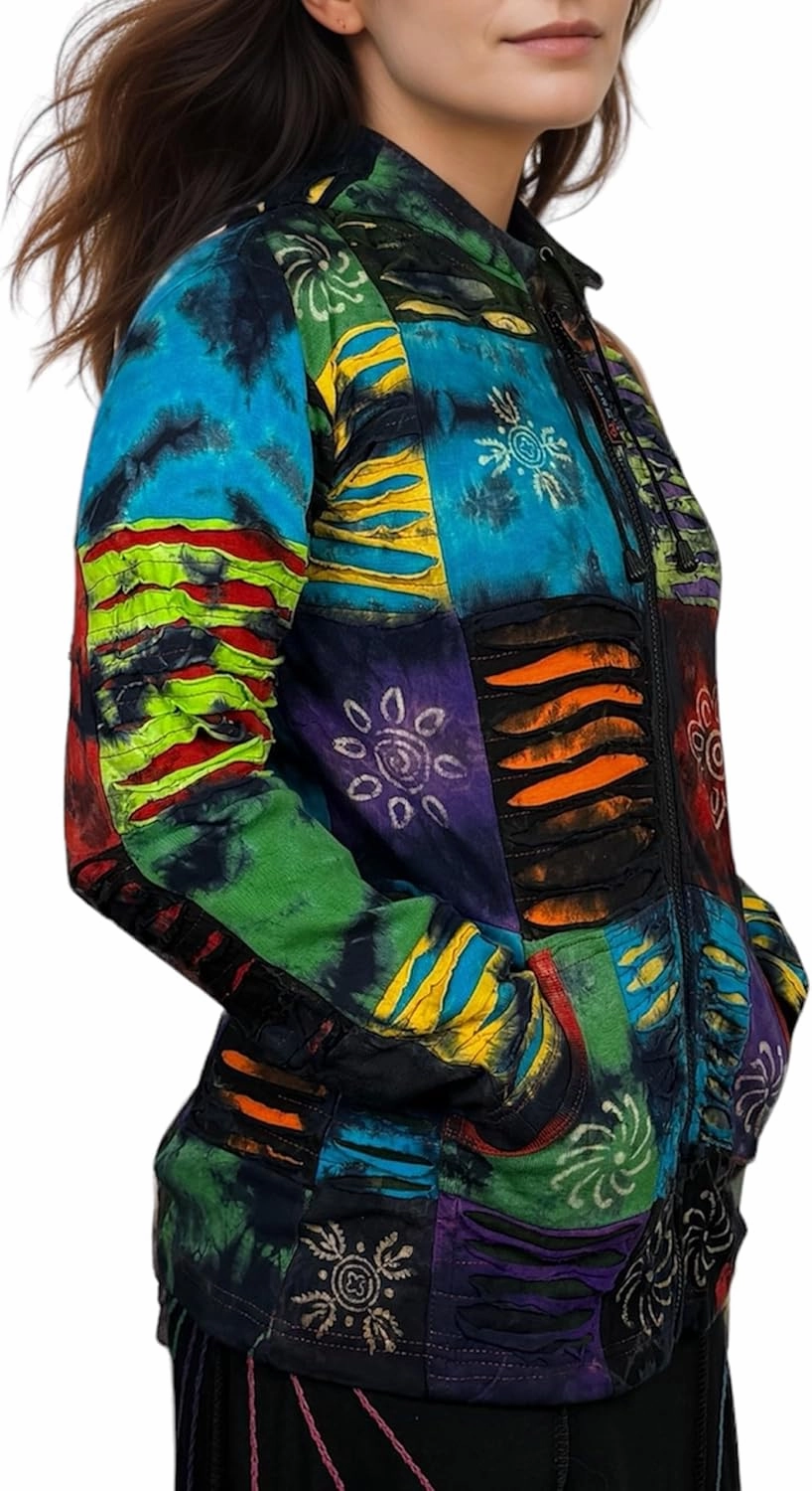 Agan Traders 2025 Summer Women's Zip-Up Hoodie Sweatshirt - Auspicious Symbols Multi-Colored Patched Light Jackets for Women