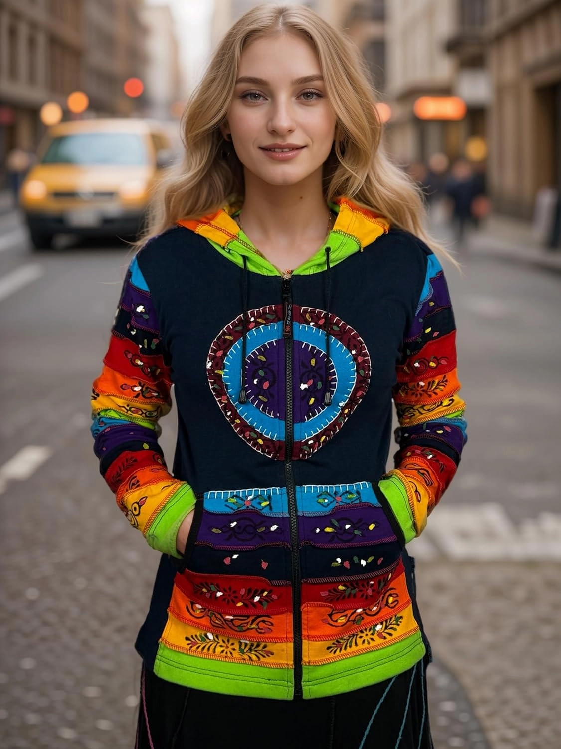 Agan Traders 2025 Summer Women's Zip-Up Hoodie Sweatshirt - Auspicious Symbols Multi-Colored Patched Light Jackets for Women