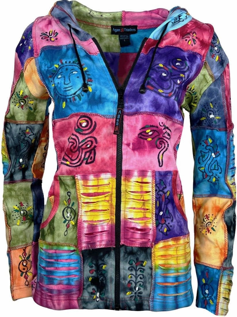 Agan Traders 2025 Summer Women's Zip-Up Hoodie Sweatshirt - Auspicious Symbols Multi-Colored Patched Light Jackets for Women