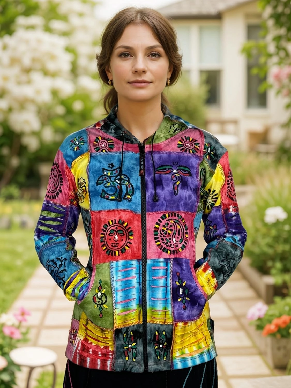 Agan Traders 2025 Summer Women's Zip-Up Hoodie Sweatshirt - Auspicious Symbols Multi-Colored Patched Light Jackets for Women