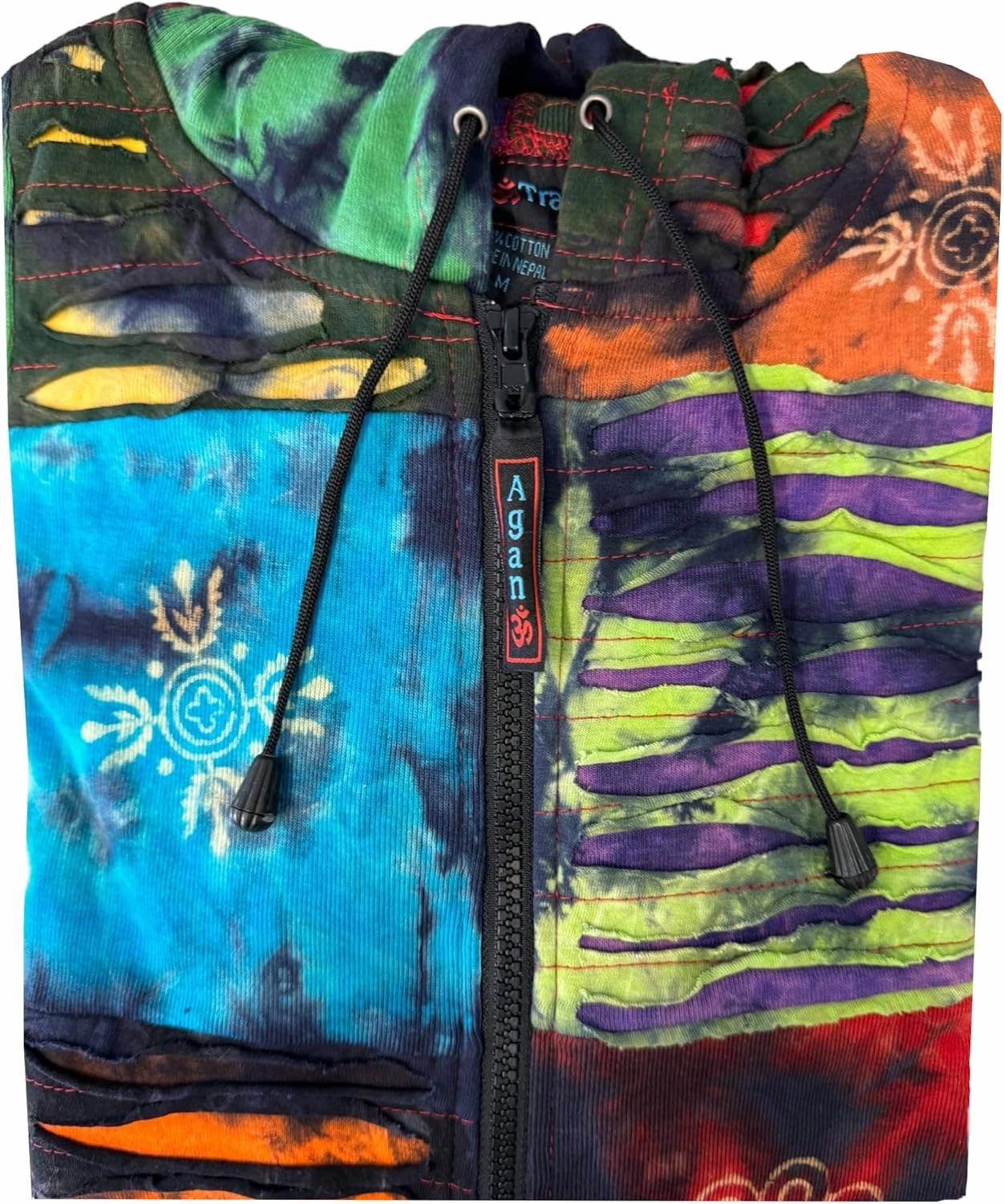 Agan Traders 2025 Summer Women's Zip-Up Hoodie Sweatshirt - Auspicious Symbols Multi-Colored Patched Light Jackets for Women