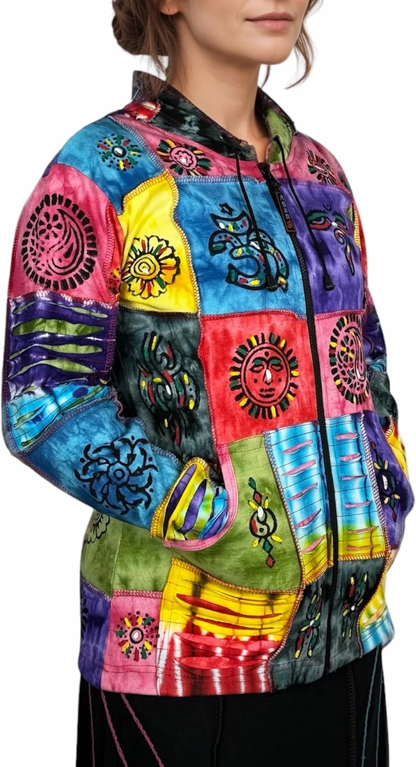 Agan Traders 2025 Summer Women's Zip-Up Hoodie Sweatshirt - Auspicious Symbols Multi-Colored Patched Light Jackets for Women