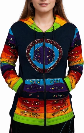 Agan Traders 2025 Summer Women's Zip-Up Hoodie Sweatshirt - Auspicious Symbols Multi-Colored Patched Light Jackets for Women