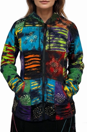 Agan Traders 2025 Summer Women's Zip-Up Hoodie Sweatshirt - Auspicious Symbols Multi-Colored Patched Light Jackets for Women