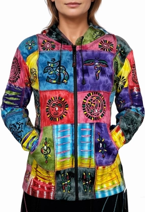 Agan Traders 2025 Summer Women's Zip-Up Hoodie Sweatshirt - Auspicious Symbols Multi-Colored Patched Light Jackets for Women