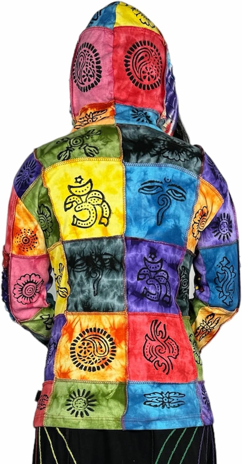 Agan Traders 2025 Summer Women's Zip-Up Hoodie Sweatshirt - Auspicious Symbols Multi-Colored Patched Light Jackets for Women