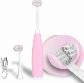 AICase Triple Best Kids Sonic Toothbrush,Rechargeable 32000 VPM Tooth Brush,Patented 3 Brush Head Design,Angled Bristles Clean Each Tooth,for Kids 3  (Pink)