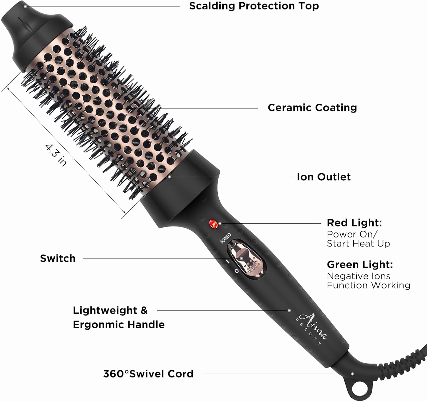 Aima Beauty Hair Curling Iron Brush, 1.5" Ceramic Hot Brush for Loose Curls, Dual Voltage & 60Mins Auto-Off, Black
