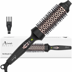 Aima Beauty Hair Curling Iron Brush, 1.5" Ceramic Hot Brush for Loose Curls, Dual Voltage & 60Mins Auto-Off, Black