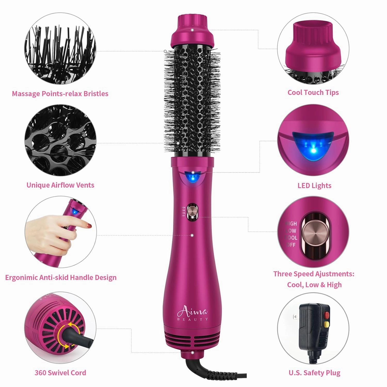Aima Beauty One Step Hair Dryer & Volumizing Hot Air Brush, Ceramic Straightener Brush, Curler & Hot Comb 4 in 1 Salon Ionic Hair Brush, Rose Pink