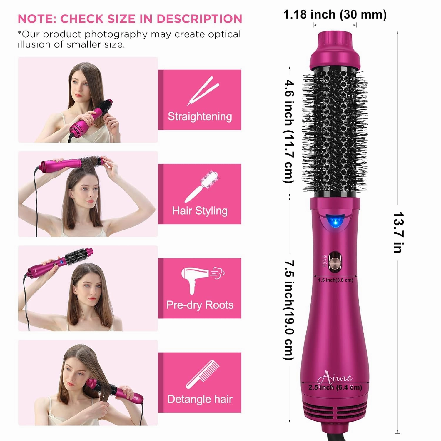 Aima Beauty One Step Hair Dryer & Volumizing Hot Air Brush, Ceramic Straightener Brush, Curler & Hot Comb 4 in 1 Salon Ionic Hair Brush, Rose Pink