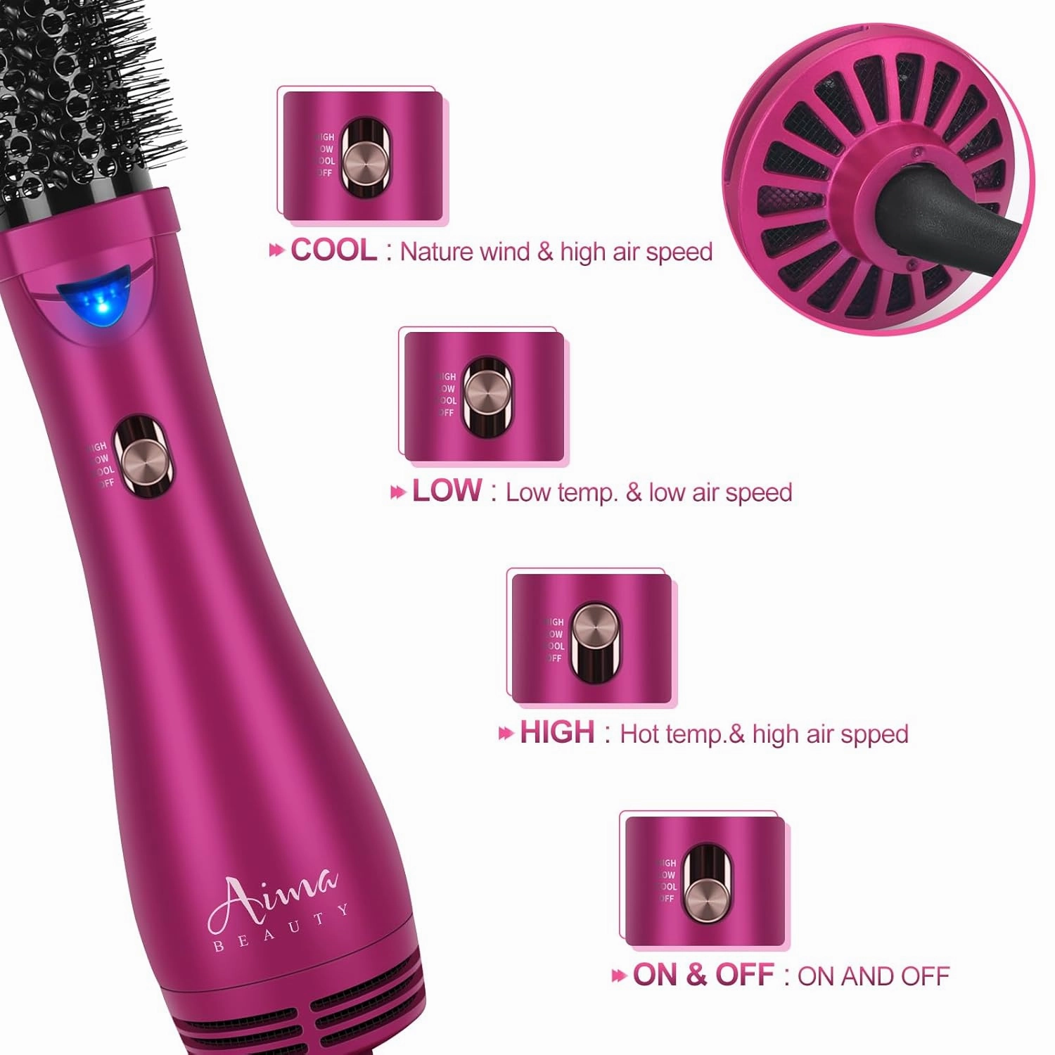 Aima Beauty One Step Hair Dryer & Volumizing Hot Air Brush, Ceramic Straightener Brush, Curler & Hot Comb 4 in 1 Salon Ionic Hair Brush, Rose Pink