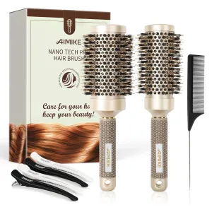 AIMIKE Hair Brush Set, Nano Thermal Ceramic & Ionic Tech Round Barrel Brush with Boar Bristles for Blow Drying, Enhance Texture for Styling, Curling and Shine, Includes 1 Tail Comb   4 Hair Clips