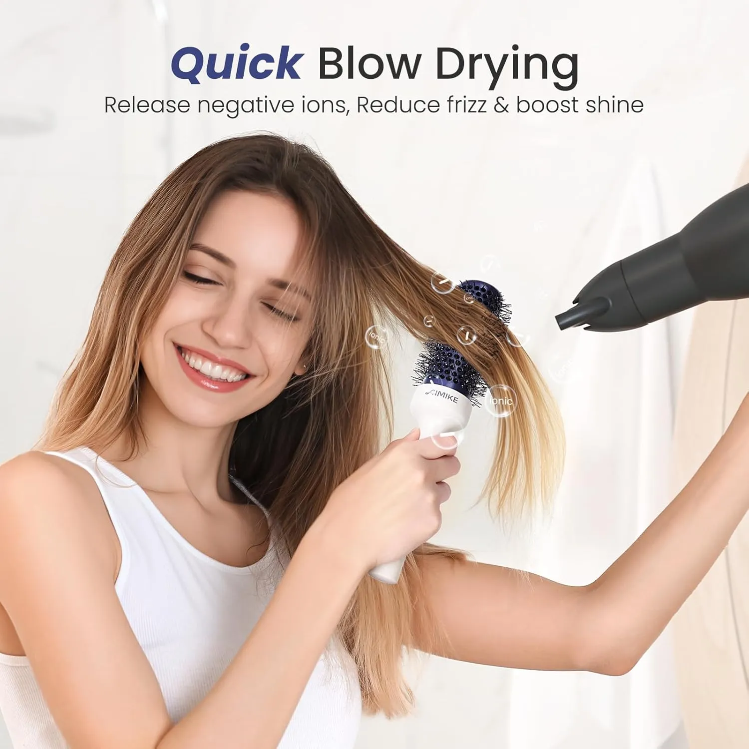 AIMIKE Nano Ionic Tech Ceramic Brush for Blow Drying, Styling and Volume Boost - Natural Wood One-Piece Design, 1.7 Inch/43mm