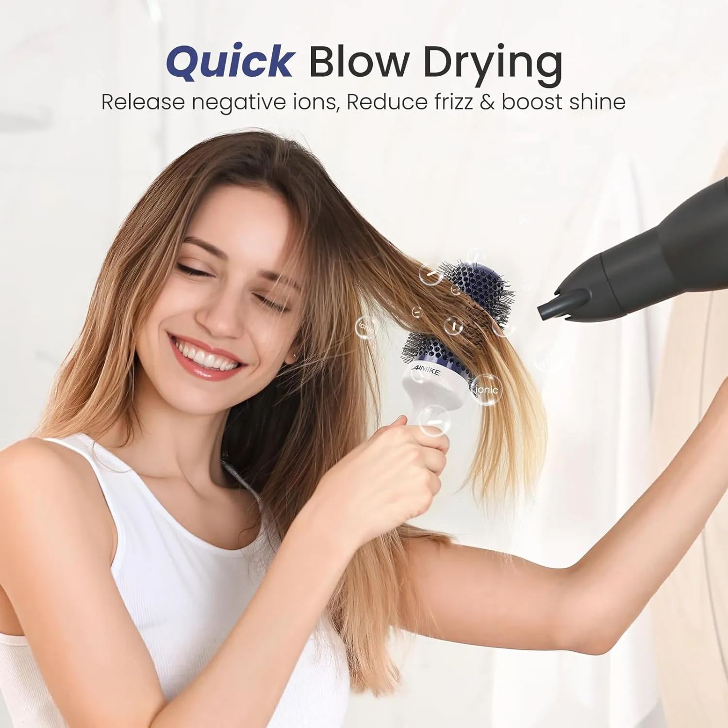 AIMIKE Round Brush for Blow Out - Large Nano Ionic Tech Round Brush, Ceramic Round Brush for Blow Drying, Styling and Boost Volume, Natural Wood Round Hair Brush, One Piece Design - 2 Inch/52mm