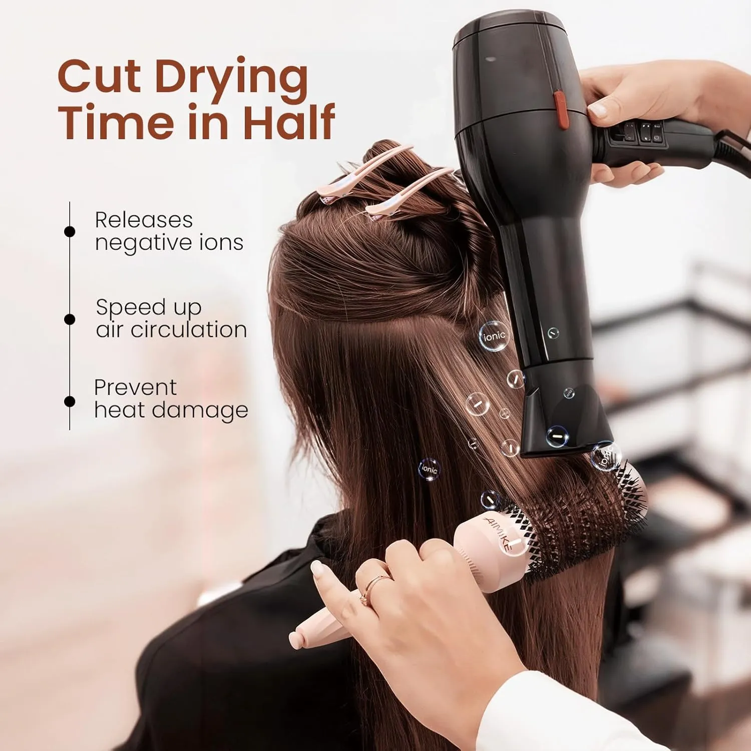 AIMIKE Round Brush for Blow Out, Rose Luxe Medium Round Hair Brush w/Nano Thermal Ceramic Tech, for Blow Drying & Styling Volumizing Shoulder Length Hair, with 4 Clips (Barrel 1.7", Bristle 2.5")