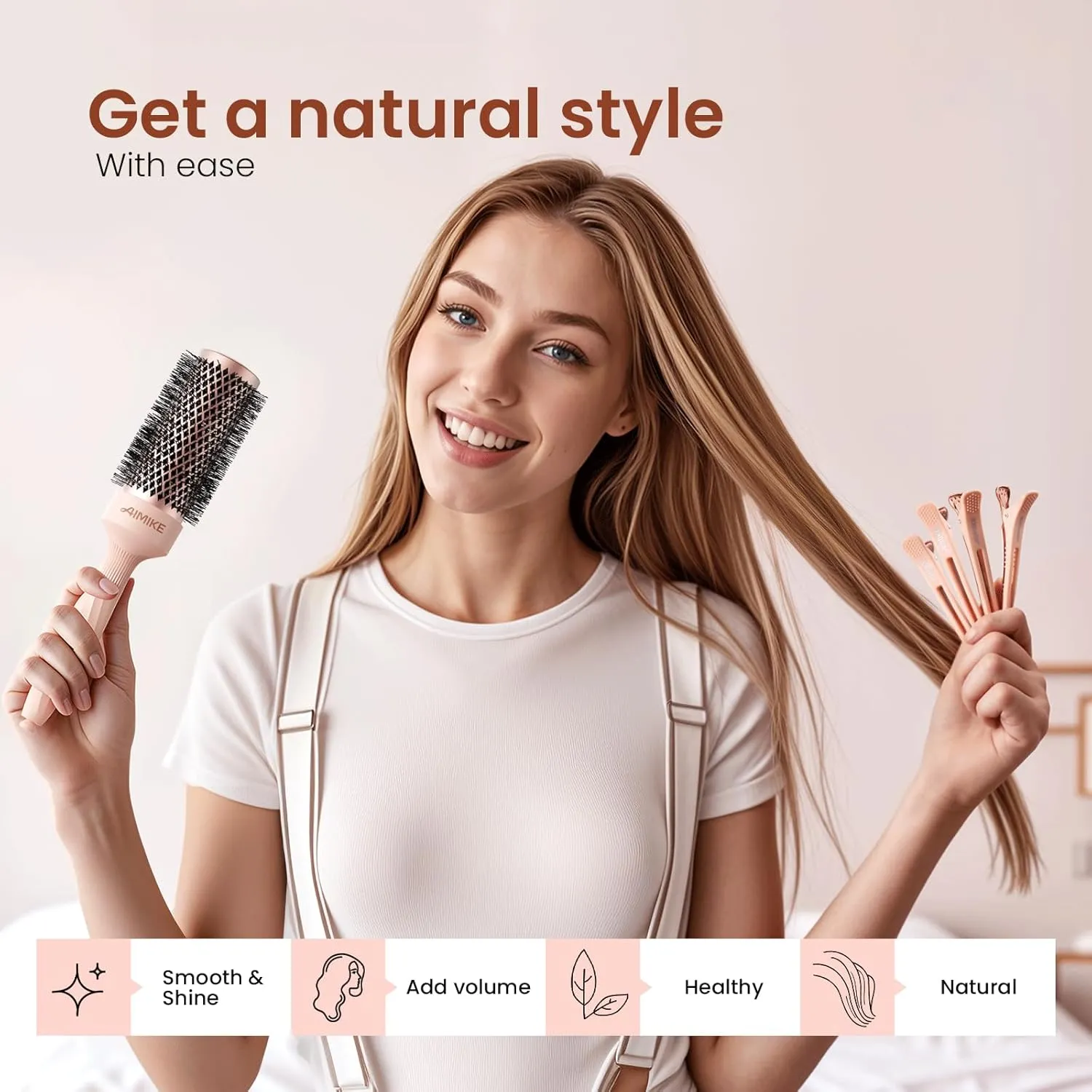 AIMIKE Round Brush for Blow Out, Rose Luxe Medium Round Hair Brush w/Nano Thermal Ceramic Tech, for Blow Drying & Styling Volumizing Shoulder Length Hair, with 4 Clips (Barrel 1.7", Bristle 2.5")