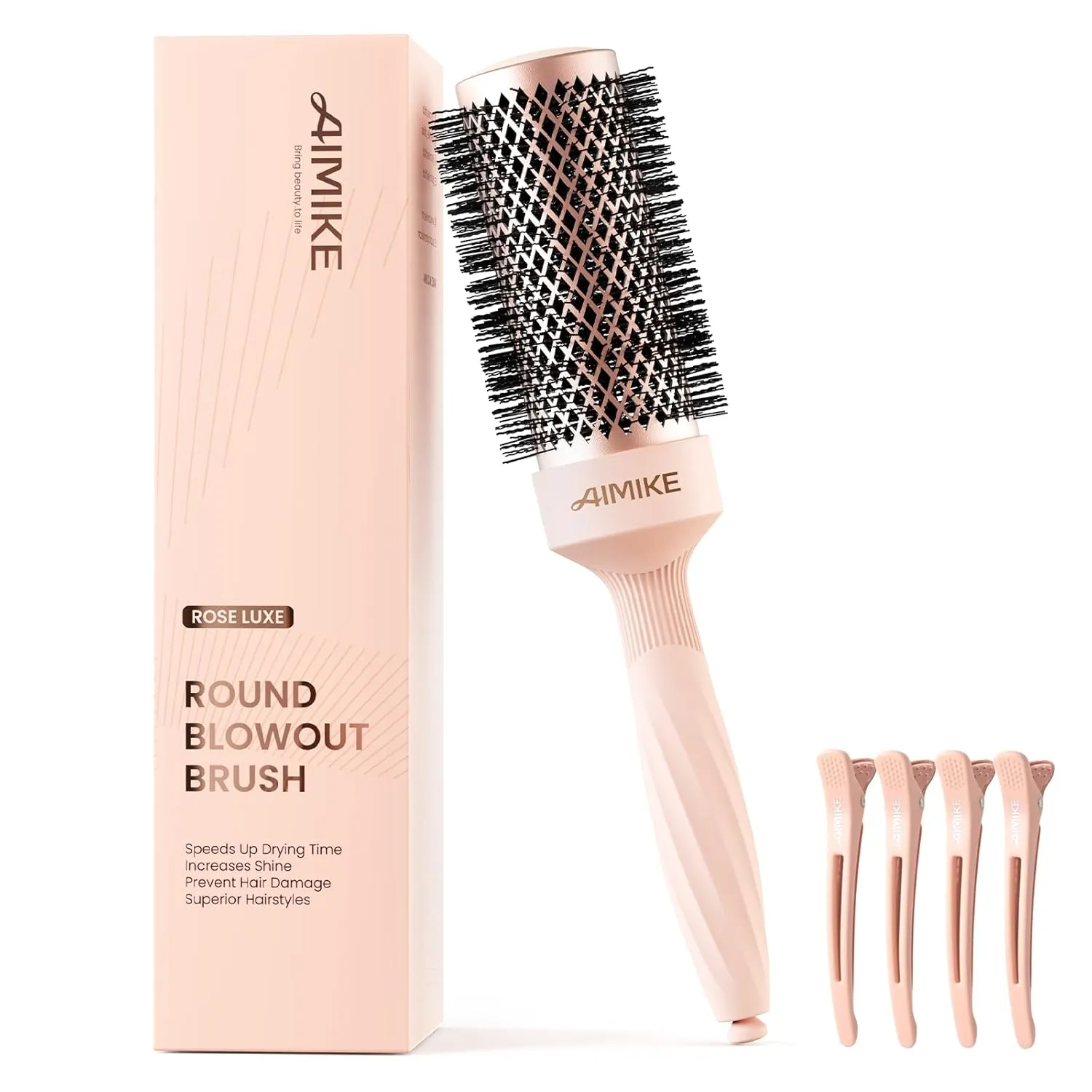 AIMIKE Round Brush for Blow Out, Rose Luxe Medium Round Hair Brush w/Nano Thermal Ceramic Tech, for Blow Drying & Styling Volumizing Shoulder Length Hair, with 4 Clips (Barrel 1.7", Bristle 2.5")