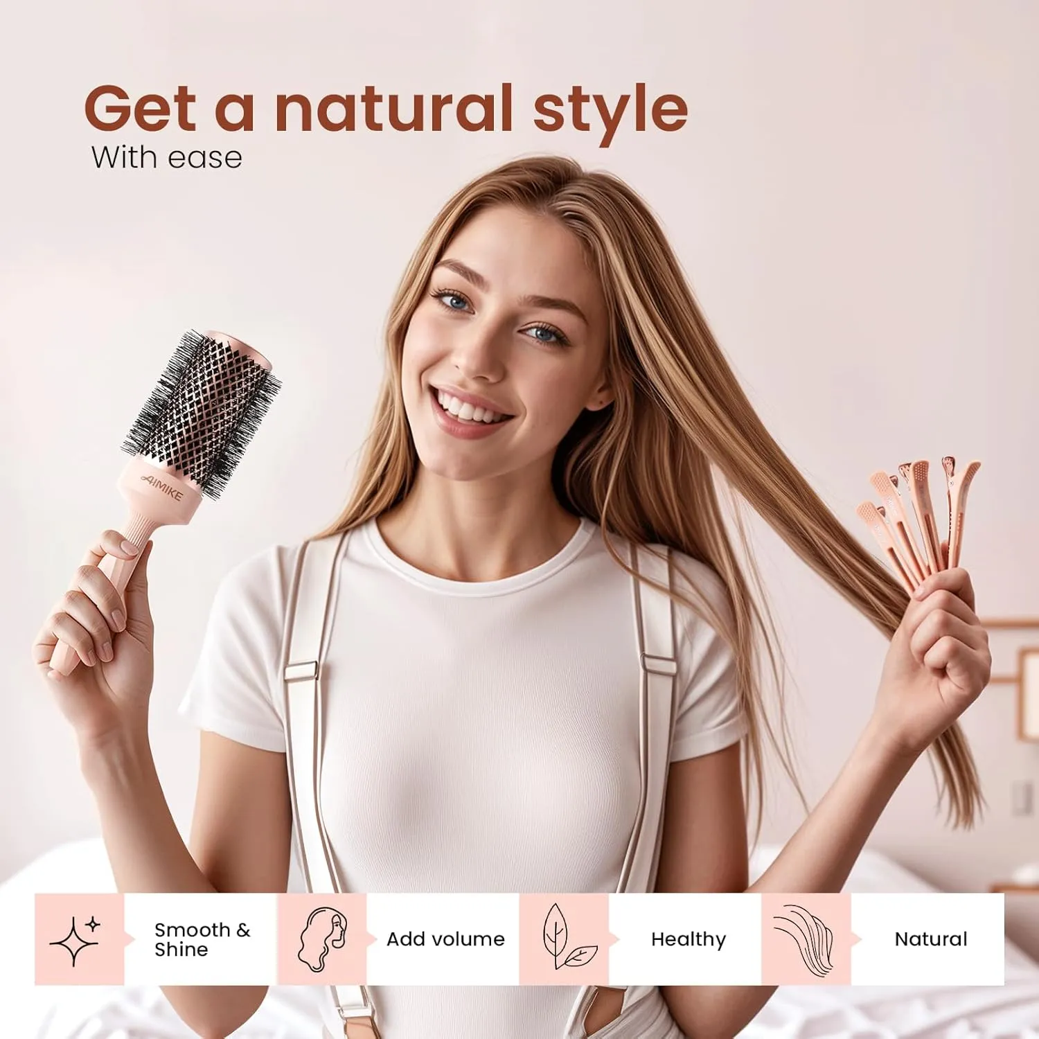 AIMIKE Round Brush for Blow out, Rose Luxe Round Hair Brush Ionic & Nano Thermal Ceramic Tech, for Blow Drying & Styling Volumizing Long Hair, with 4 Clips (Barrel 2.1", Bristle 3")