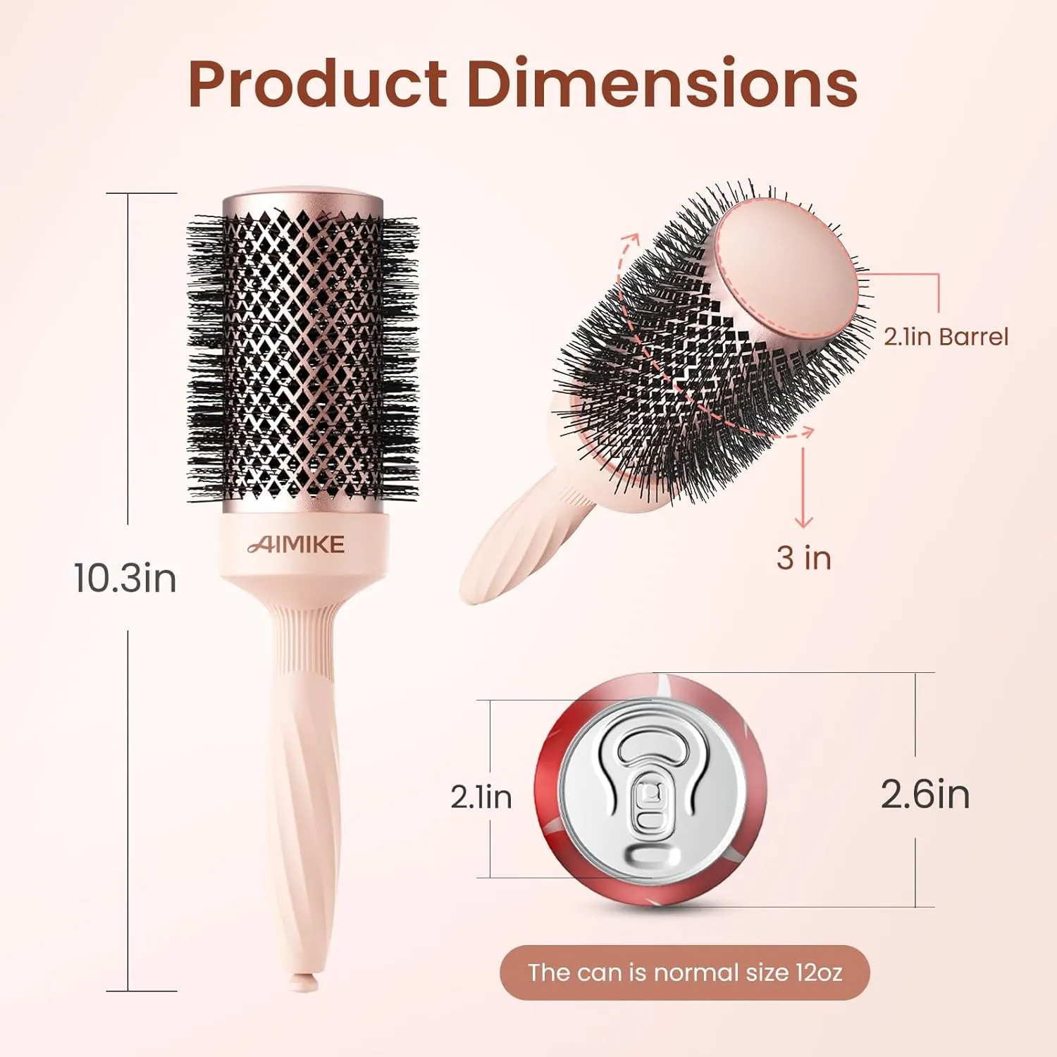 AIMIKE Round Brush for Blow out, Rose Luxe Round Hair Brush Ionic & Nano Thermal Ceramic Tech, for Blow Drying & Styling Volumizing Long Hair, with 4 Clips (Barrel 2.1", Bristle 3")