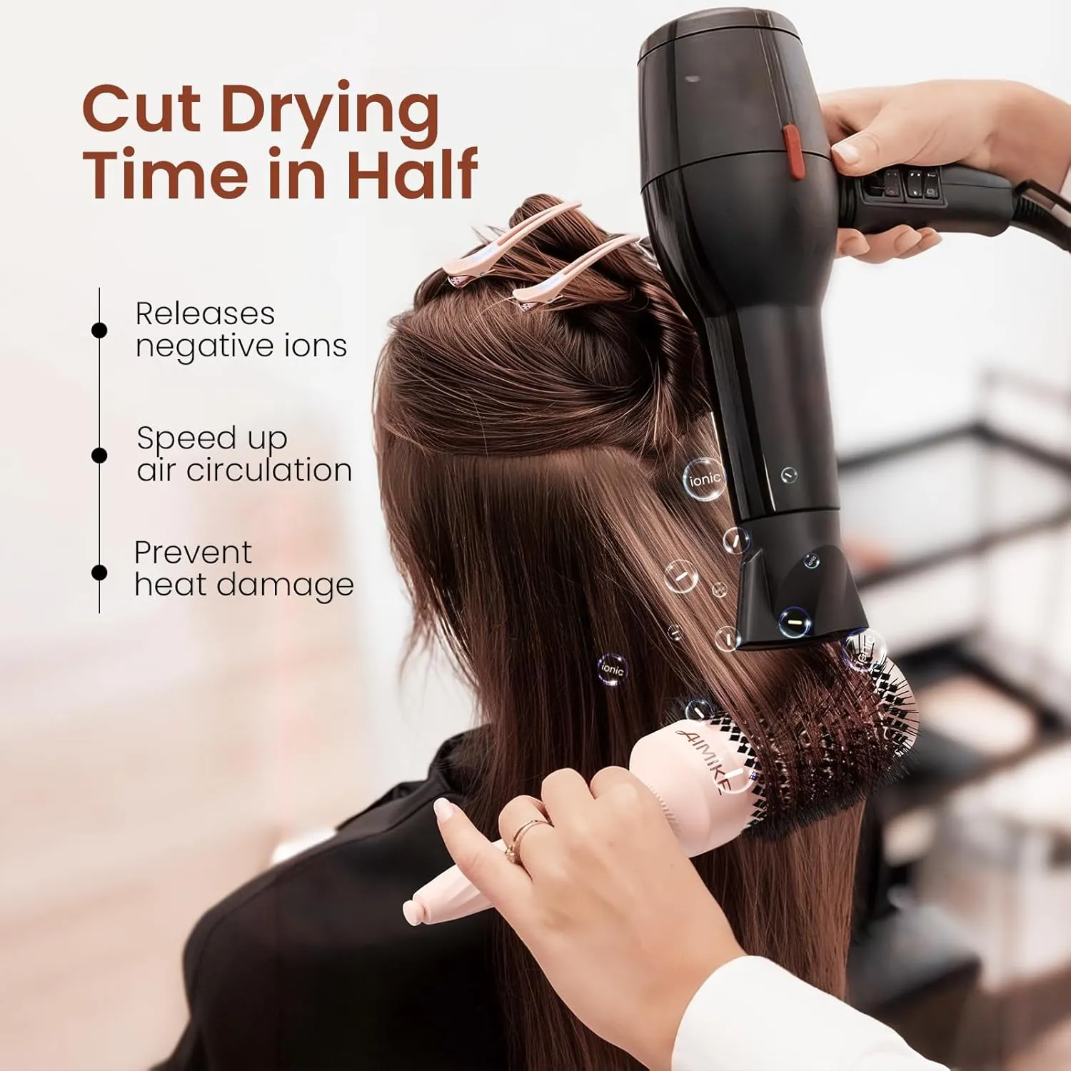 AIMIKE Round Brush for Blow out, Rose Luxe Round Hair Brush Ionic & Nano Thermal Ceramic Tech, for Blow Drying & Styling Volumizing Long Hair, with 4 Clips (Barrel 2.1", Bristle 3")