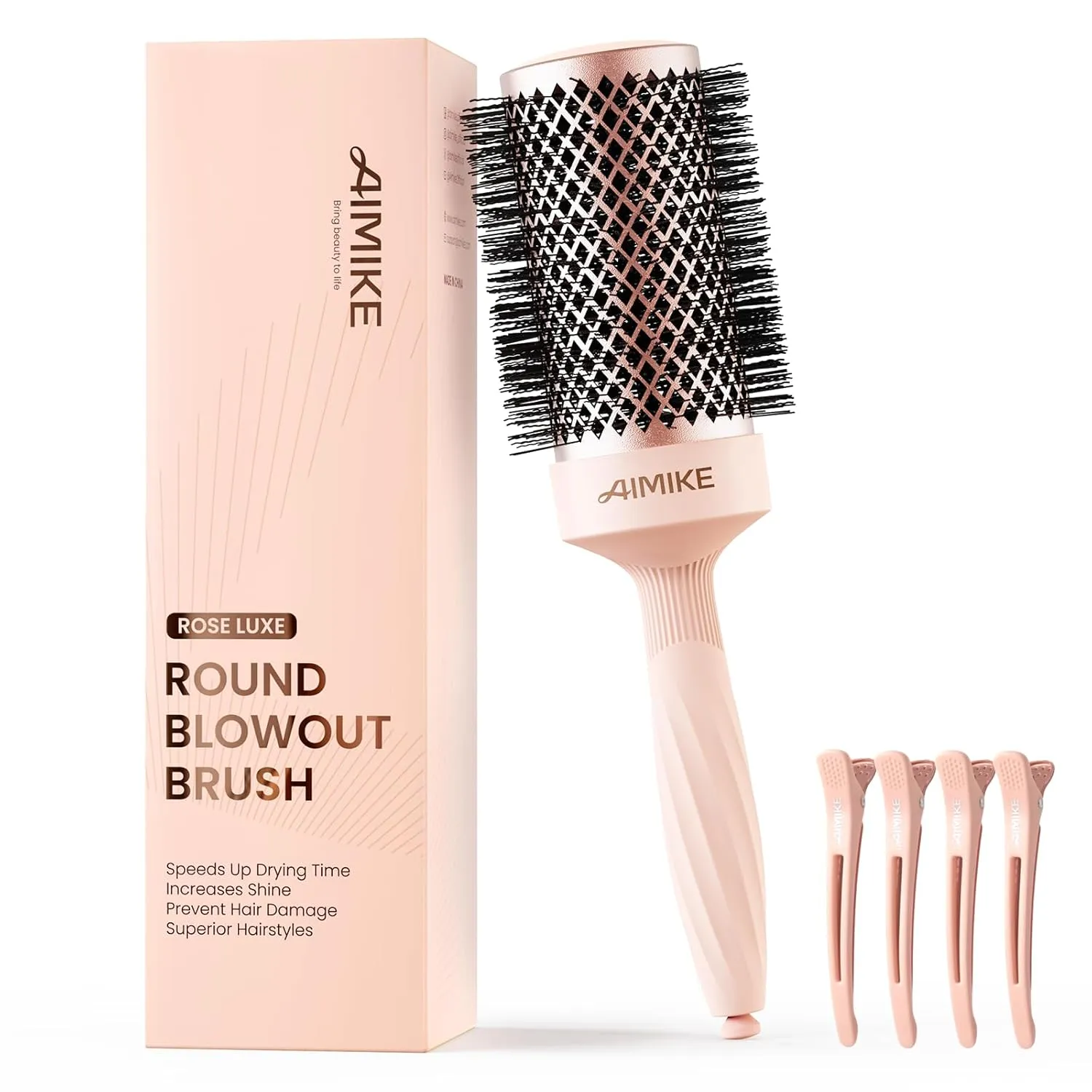 AIMIKE Round Brush for Blow out, Rose Luxe Round Hair Brush Ionic & Nano Thermal Ceramic Tech, for Blow Drying & Styling Volumizing Long Hair, with 4 Clips (Barrel 2.1", Bristle 3")