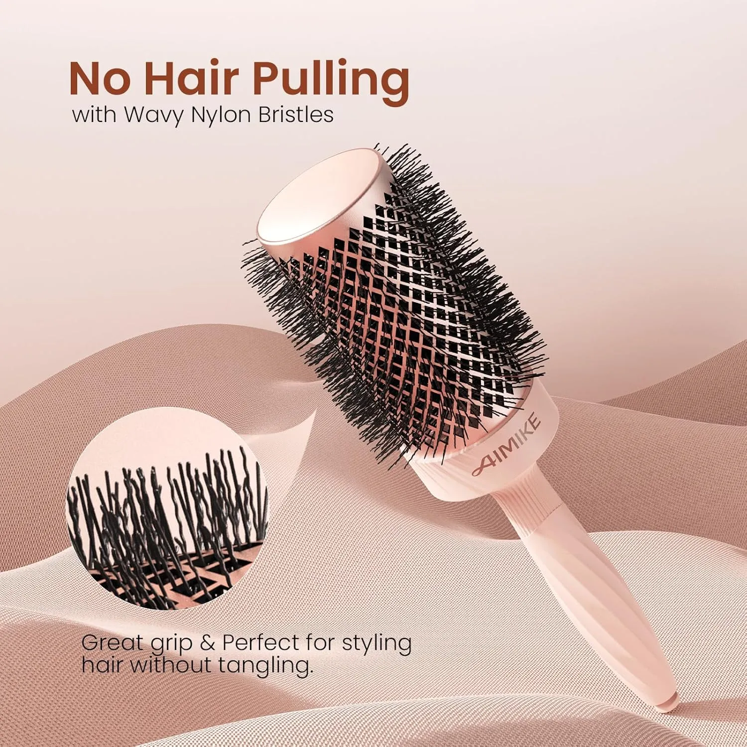 AIMIKE Round Brush for Blow out, Rose Luxe Round Hair Brush Ionic & Nano Thermal Ceramic Tech, for Blow Drying & Styling Volumizing Long Hair, with 4 Clips (Barrel 2.1", Bristle 3")
