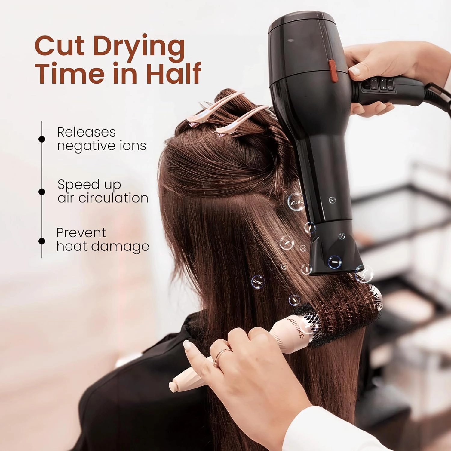 AIMIKE Round Brush for Blow Out, Rose Luxe Small Round Hair Brush w/Nano Thermal Ceramic Tech, for Blow Drying & Styling Volumizing Short Hair, with 4 Clips (Barrel 1.3", Bristle 2.1")