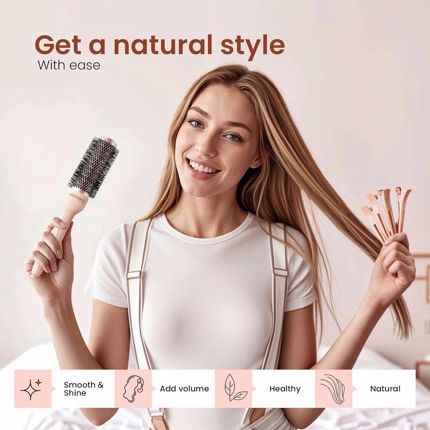 AIMIKE Round Brush for Blow Out, Rose Luxe Small Round Hair Brush w/Nano Thermal Ceramic Tech, for Blow Drying & Styling Volumizing Short Hair, with 4 Clips (Barrel 1.3", Bristle 2.1")