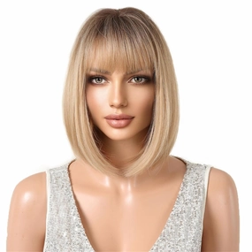 Aimole Short Bob Straight Wig with Cute Flat Bangs Fashion Heat Resistant Synthetic Hair for Dalily Party Use (Blonde Mixed)