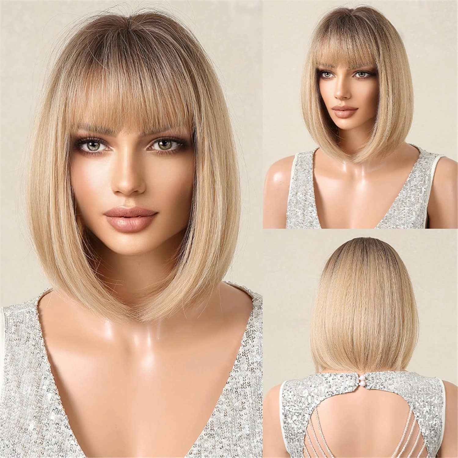 Aimole Short Bob Straight Wig with Cute Flat Bangs Fashion Heat Resistant Synthetic Hair for Dalily Party Use (Blonde Mixed)