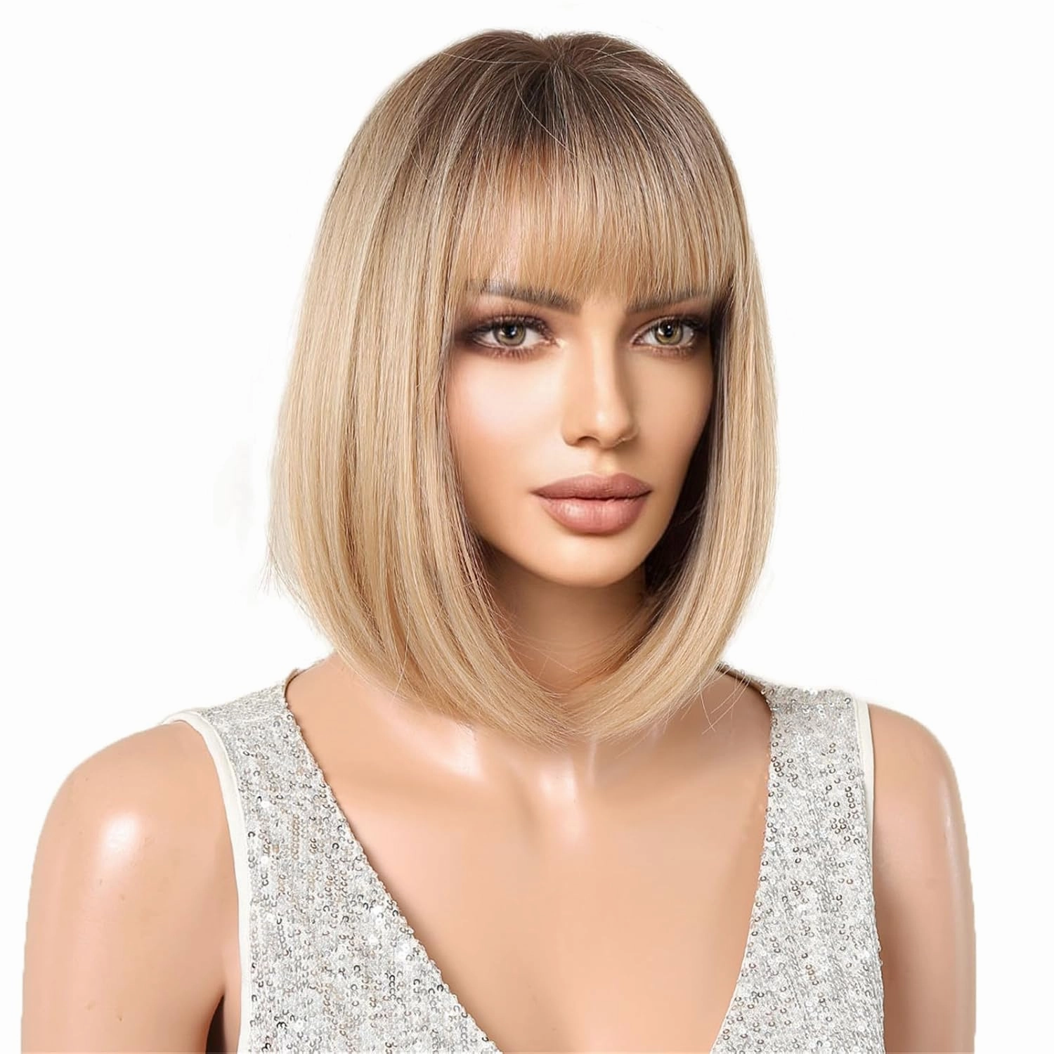 Aimole Short Bob Straight Wig with Cute Flat Bangs Fashion Heat Resistant Synthetic Hair for Dalily Party Use (Blonde Mixed)