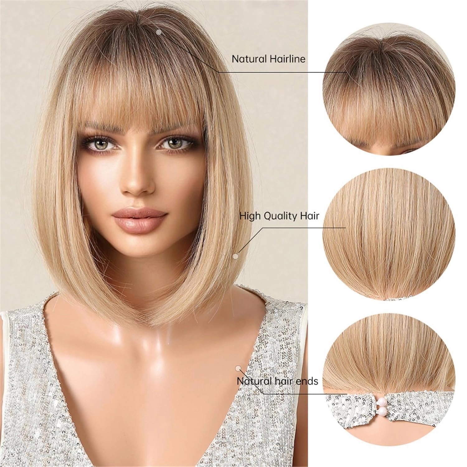 Aimole Short Bob Straight Wig with Cute Flat Bangs Fashion Heat Resistant Synthetic Hair for Dalily Party Use (Blonde Mixed)