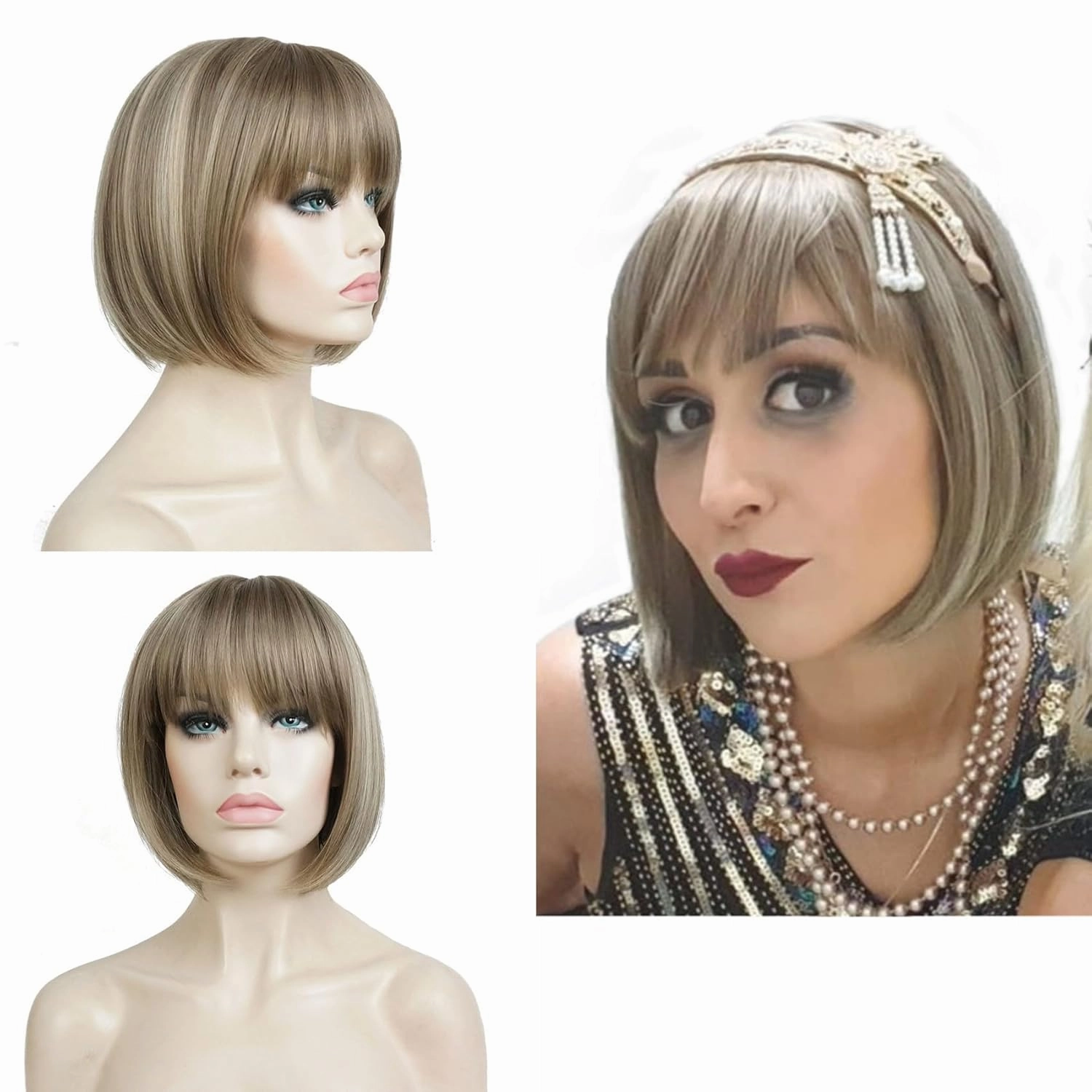 Aimole Short Bob Straight Wig with Cute Flat Bangs Synthetic Hair(24M8 613)