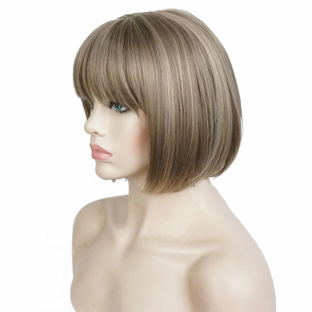 Aimole Short Bob Straight Wig with Cute Flat Bangs Synthetic Hair(24M8 613)