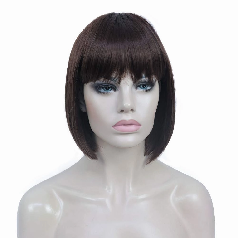 Aimole Short Straight Bob Wig Cute Flat Bangs Cute Central Dot Skin Top Synthetic Full Women Wigs