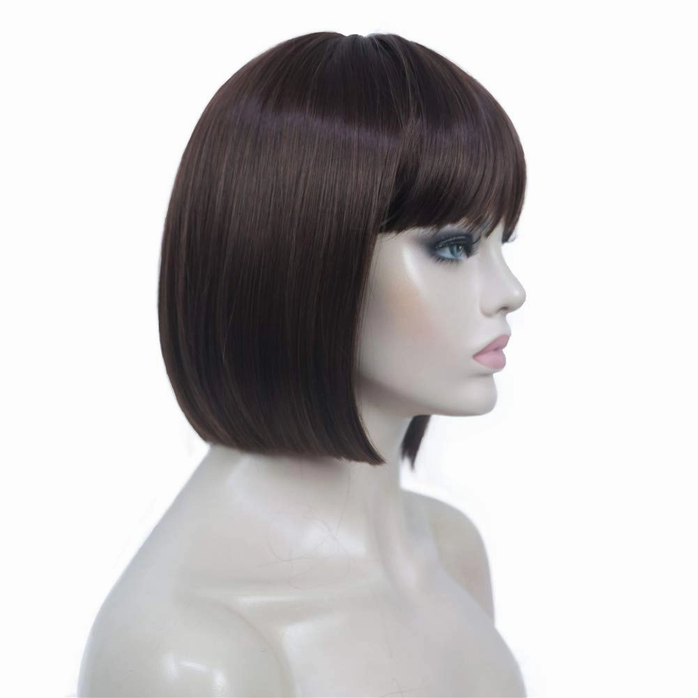 Aimole Short Straight Bob Wig Cute Flat Bangs Cute Central Dot Skin Top Synthetic Full Women Wigs
