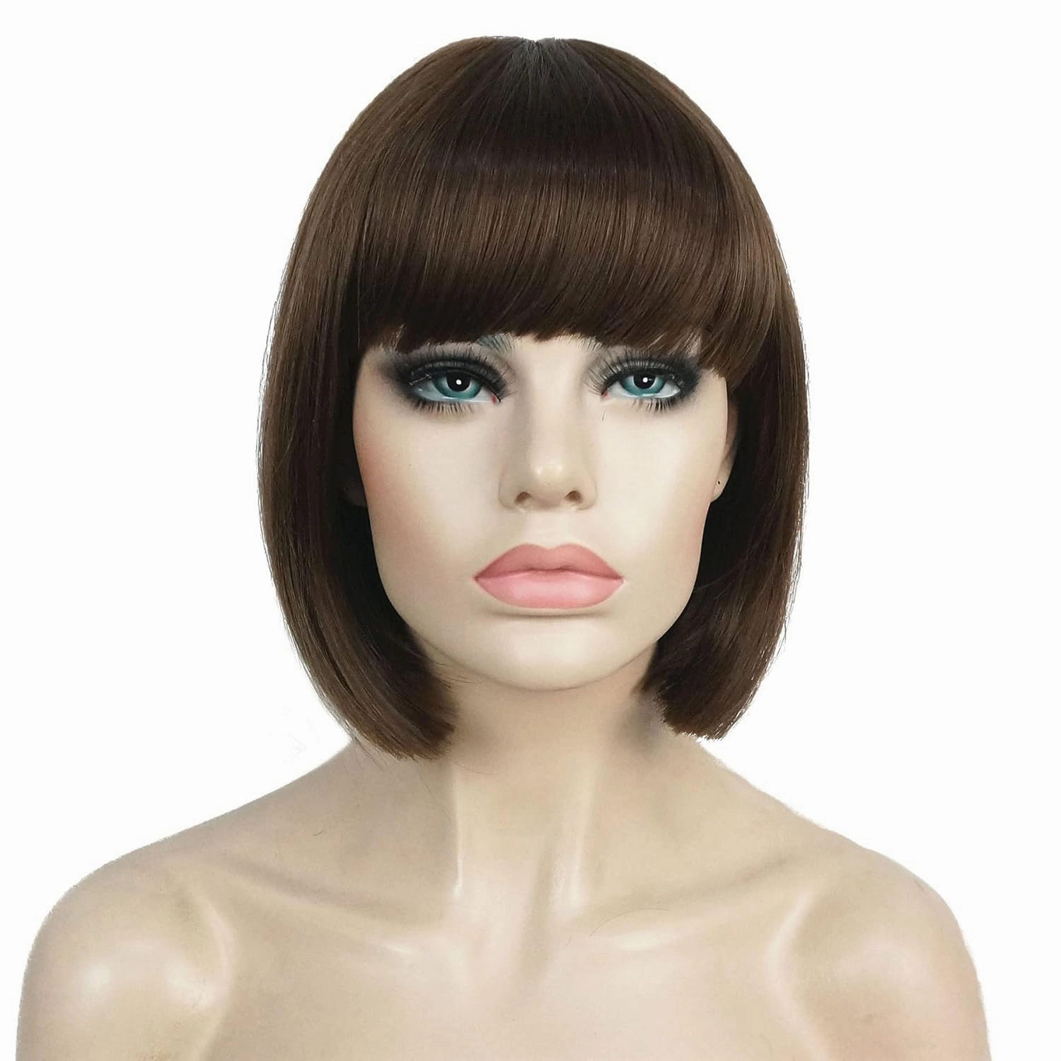 Aimole Short Straight Bob Wig Cute Flat Bangs Synthetic Full Women Wigs (10 Medium Golden Brown)
