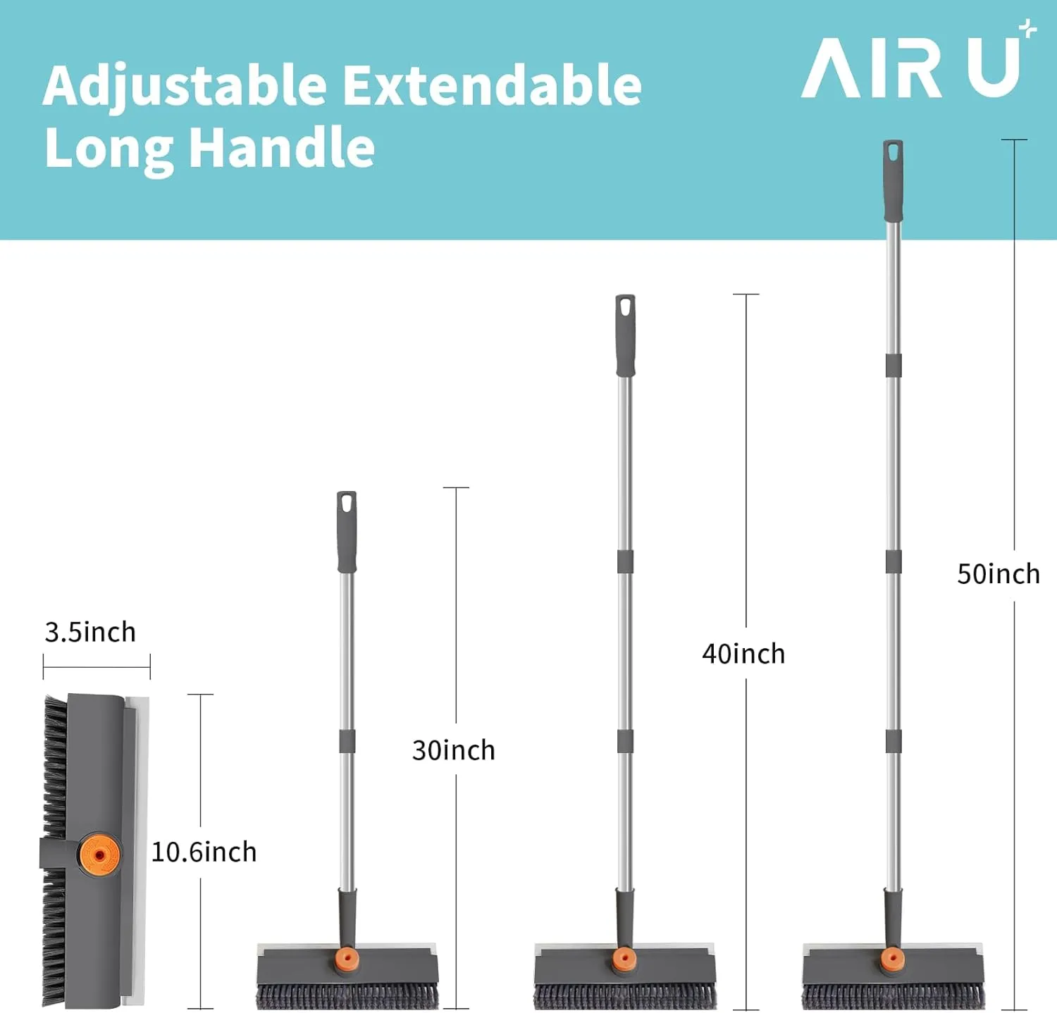 AIR U  Floor Scrub Brush with Long Handle, Household Cleaning Brush with Right Angled Bristle & Scraper, 360° Swivel Heads, Shower Scrubber for Patio Bathroom Garage Kitchen Wall Deck Tile