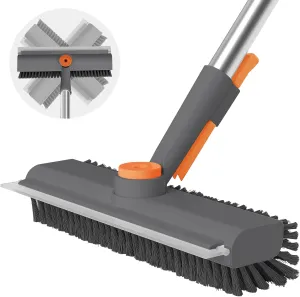 AIR U  Floor Scrub Brush with Long Handle, Household Cleaning Brush with Right Angled Bristle & Scraper, 360° Swivel Heads, Shower Scrubber for Patio Bathroom Garage Kitchen Wall Deck Tile