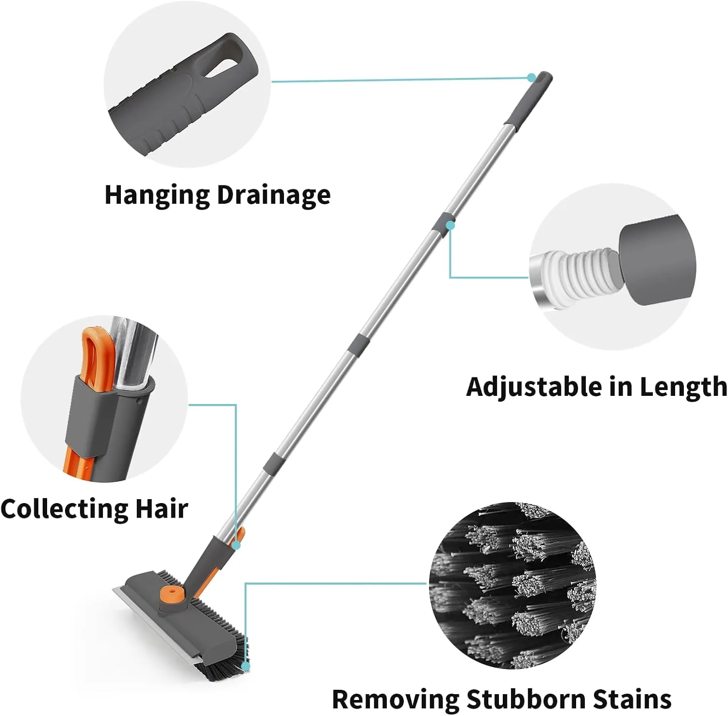 AIR U  Floor Scrub Brush with Long Handle, Household Cleaning Brush with Right Angled Bristle & Scraper, 360° Swivel Heads, Shower Scrubber for Patio Bathroom Garage Kitchen Wall Deck Tile