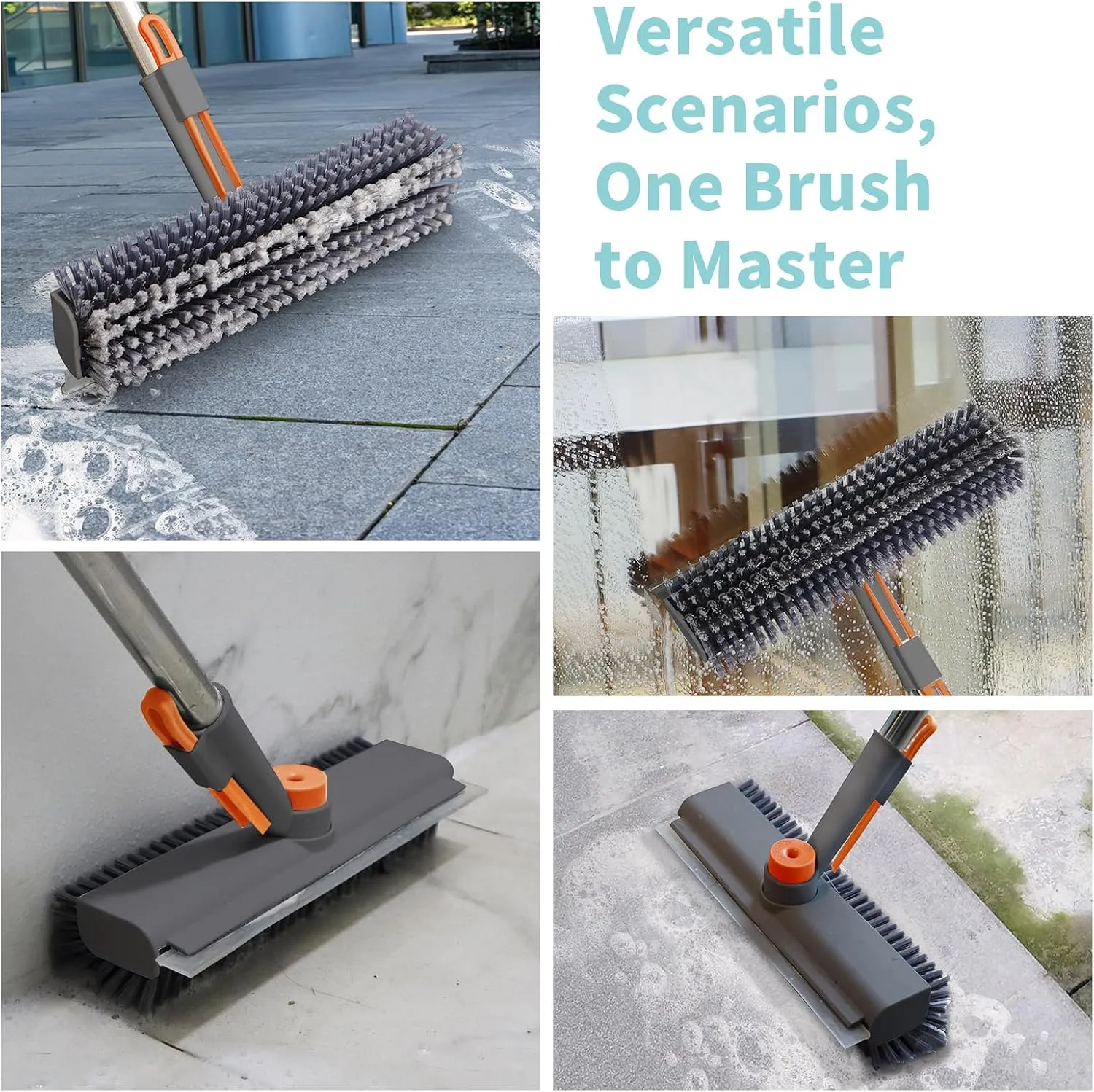 AIR U  Floor Scrub Brush with Long Handle, Household Cleaning Brush with Right Angled Bristle & Scraper, 360° Swivel Heads, Shower Scrubber for Patio Bathroom Garage Kitchen Wall Deck Tile