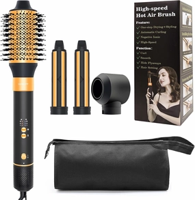 Air Styler Hair Dryer Brush - 110000 RPM Powerful Blow Dryer Brush for Professional Fast Drying, Curling, Volumizing, Multi-Styler with Auto-Wrap Curlers, Oval Brush, Round Nozzle (Black-Orange)
