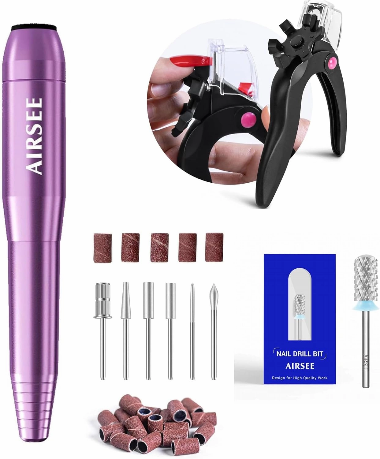 AIRSEE Nail Clippers for Acrylic Nails, Studio Basic Electric Nail Drill, Tungsten Carbide Acrylic Nail Drill Bit Efile Electric File Machine Head Tip