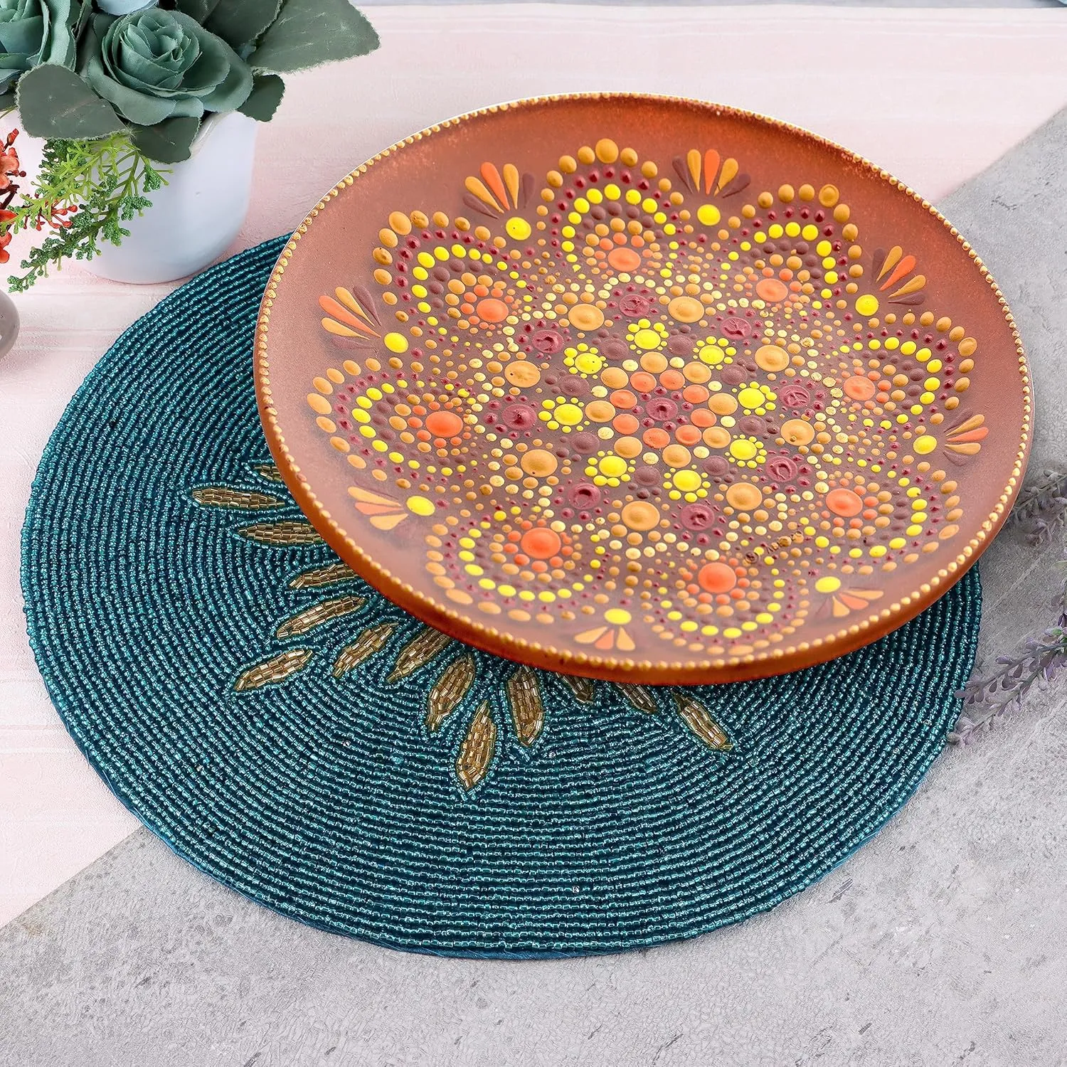 ALPHA Living HOME Beaded Table Mat - 13” Round Charger Plate | Handmade Beaded Placemats for Dining Table | Elegant Glass Bead & Polyester Design | Home & Kitchen Decor (Gold Teal)